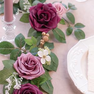 PONATIA 5FT Handcrafted Burgundy Artificial Rose Garland, Dusty Rose Flowers - Image 6