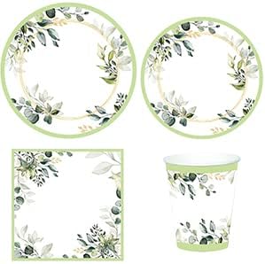 Green Party Plates Supplies, Sage Green Paper Eucalyptus Leaf Plates and Napkins - Image 8