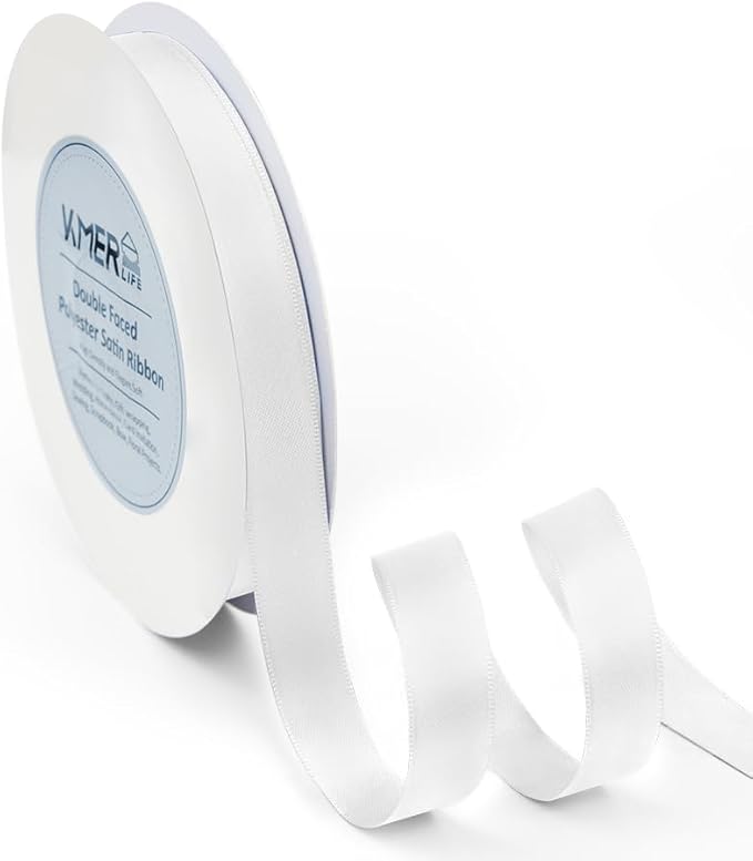 Double Face White Satin Ribbon 5/8 inch X 50 Yards Polyester White Ribbon by KMERLIFE