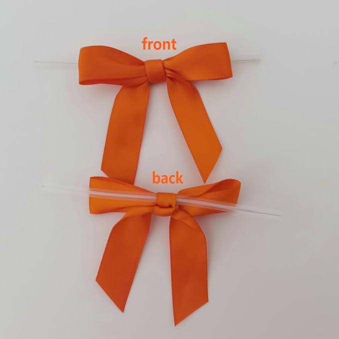 50pcs 2-1/2" Orange Twist Ties Satin Ribbon Bows in Pumpkin Color - Image 4