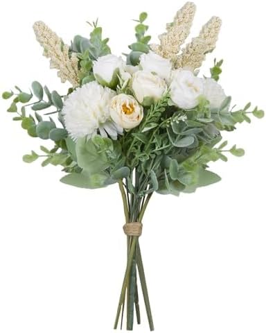 Meldel 3Pcs Rose Bouquet White&Champagne Artificial Flowers Eucalyptus Plants by Meldel
