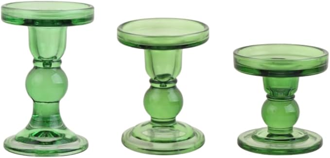 3-Piece Set of Green Glass Candlestick, Crystal Candlestick Holder Holder and by BTGLLAS