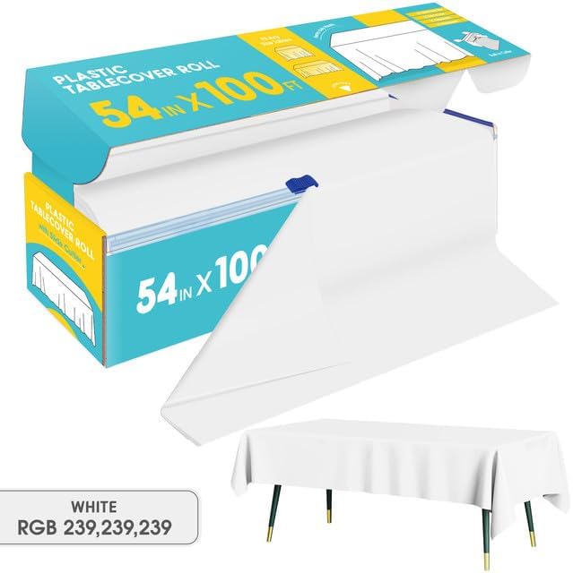 White Plastic Table Cover Roll - 54IN x 100FT - Image 2