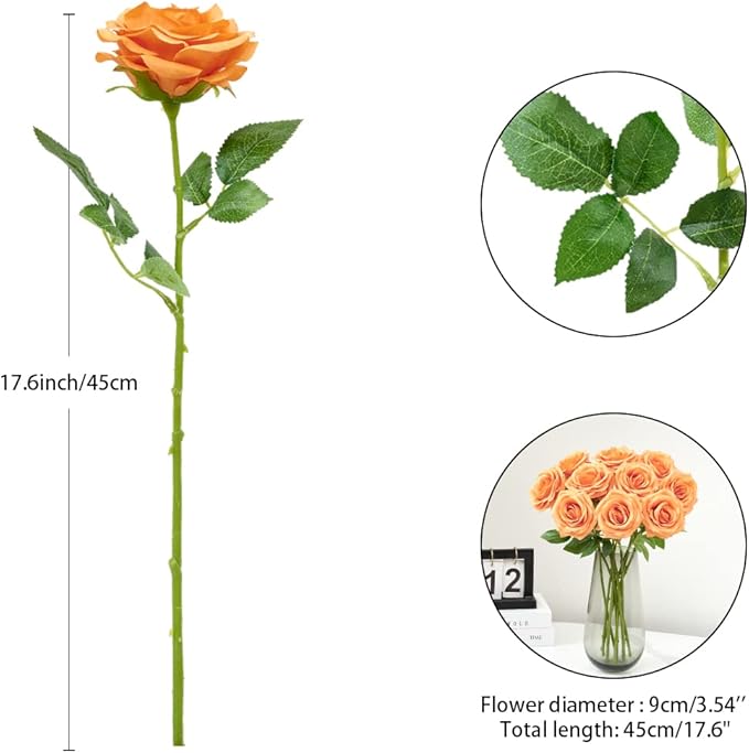 Artificial Rose 10pcs Orange Open Flower Bouquet Faux Rose Stems - Image 4
