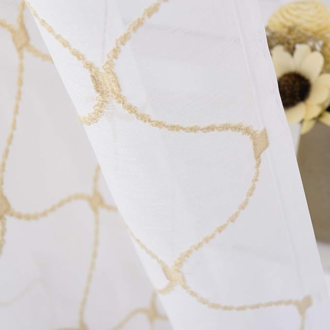 Sheer Curtains Gold 95 Inches Long, Embroidered Wave Diamond Window Treatments - Image 5