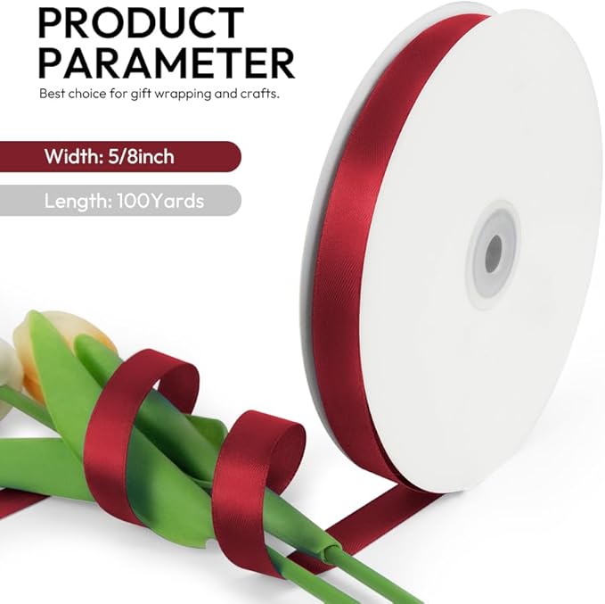 5/8 Inch 100 Yards Satin Ribbon Wine Red, Solid Color Fabric Ribbon - Image 2