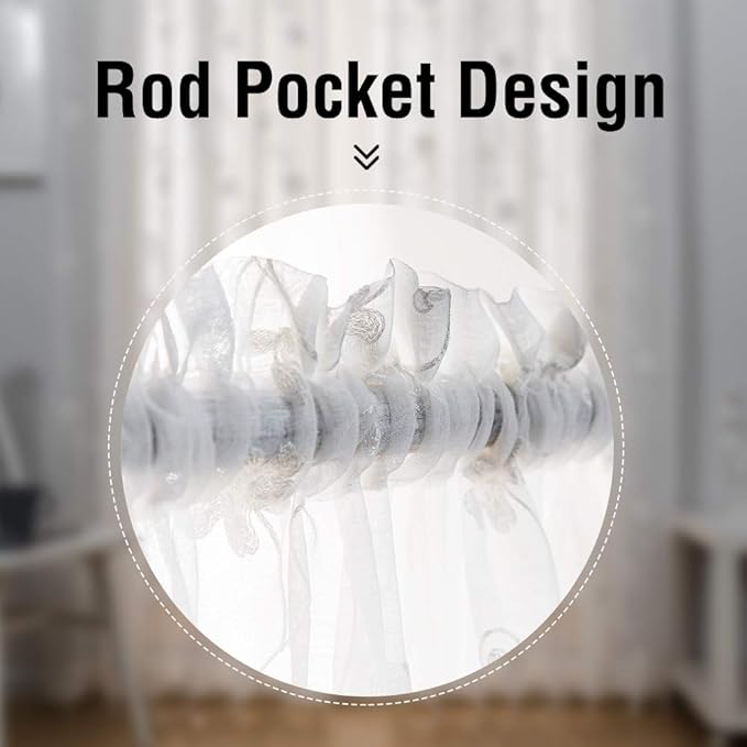 MYSTIC-HOME Embroidery White Sheer Curtains 84 Inches Long, Rod Pocket Sheer - Image 3
