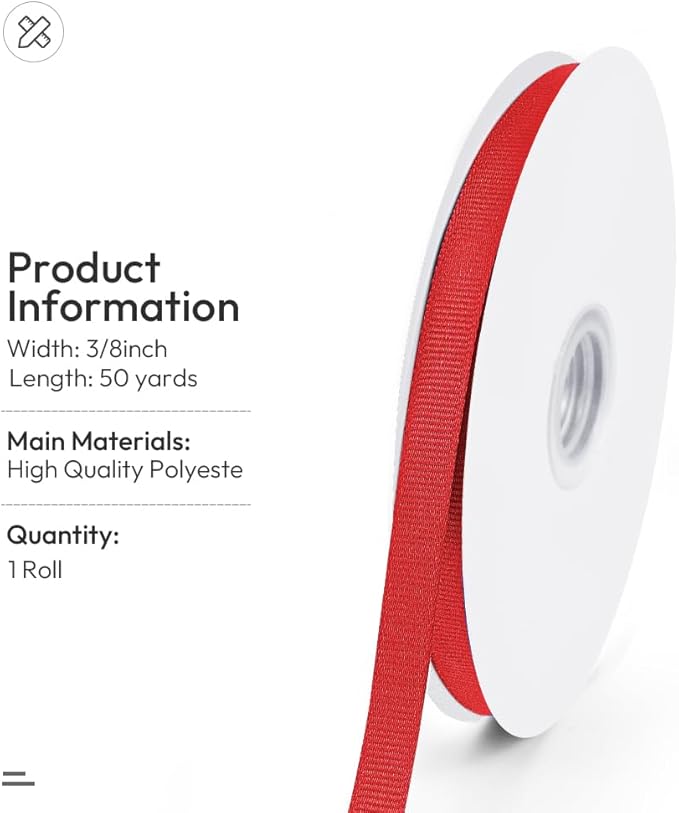 3/8" X 50 Yards Red Grosgrain Ribbon, Premium Grosgrain Ribbon - Image 2