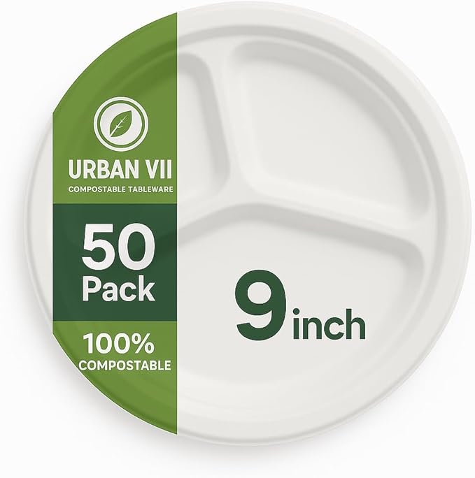 9-Inch Compostable Paper Plates – Heavy-Duty Disposable Plates Made from Bagasse by URBANVII