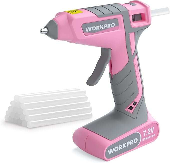 WORKPRO Pink Cordless Hot Melt Glue Gun, 7.2V Rechargeable Fast Preheating Glue by WORKPRO