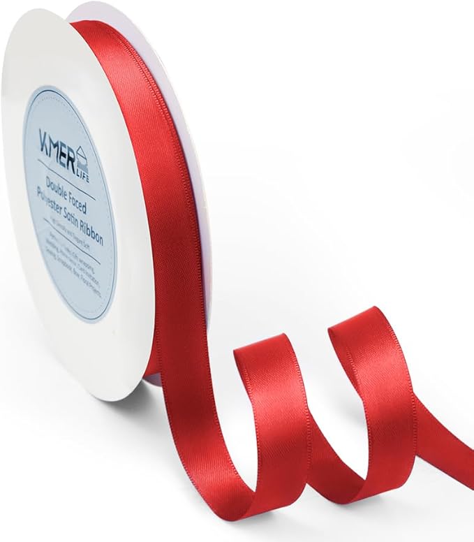 5/8 inch x 50 Yards Double Faced Polyester Red Satin Ribbon by KMERLIFE