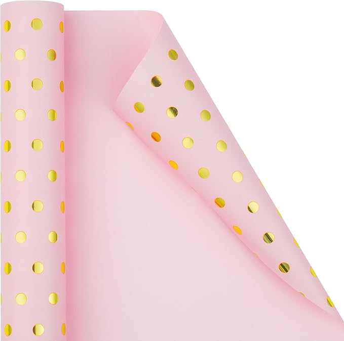 Flyhill Pink Wrapping Paper Roll, Reversible Mini Roll Gold Foil Polka Dot Gift by Flyhill