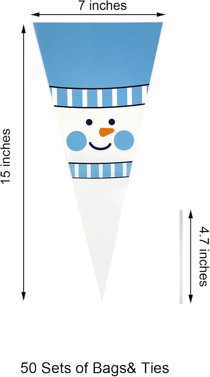 EKAPACKAGING 50Pcs 7x15 Inches Snowman Print Cone Shaped Treat Bags - Image 2
