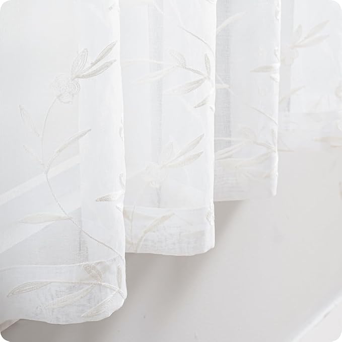 White Sheer Curtains Embroidery 72 Inch Length Rod Pocket Voile Drapes - Image 5