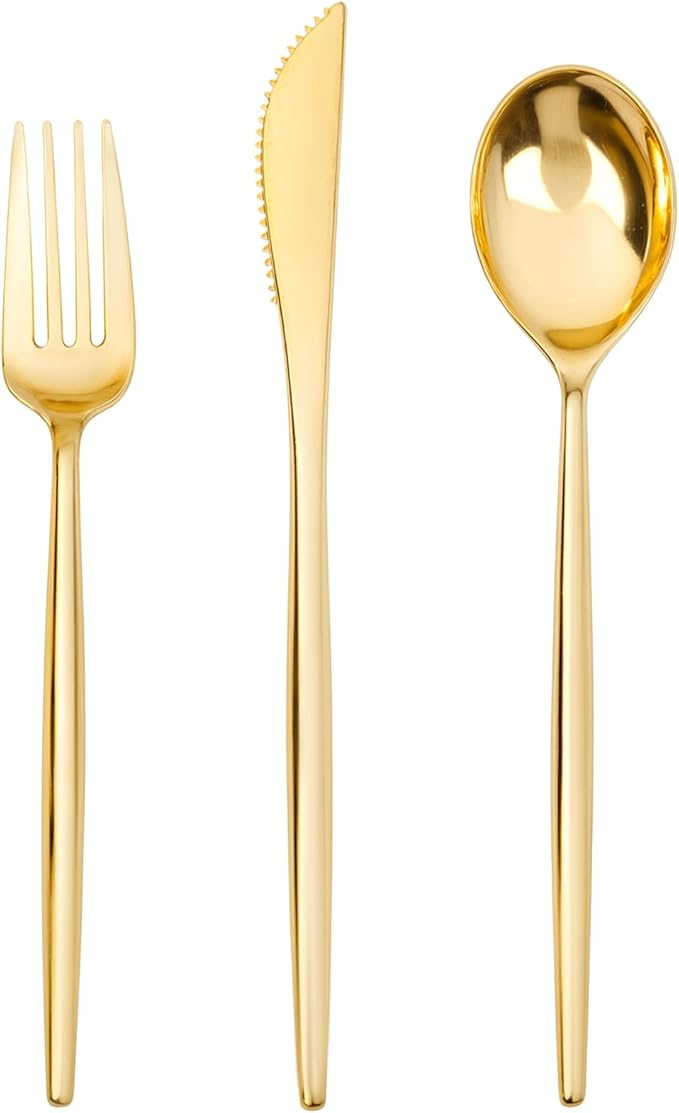 SUT 150PCS Gold Plastic Silverware, Plastic Utensils, Disposable Utensils Heavy by SeeYouTomorrow