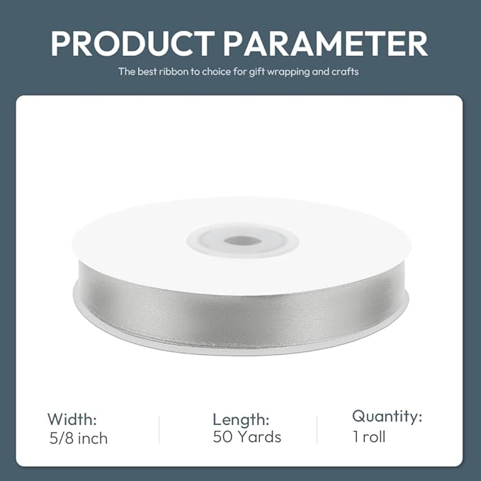 KMER LIFE 5/8" Wide x 50 Yards Silvery Single Faced Polyester Satin Ribbon - Image 2