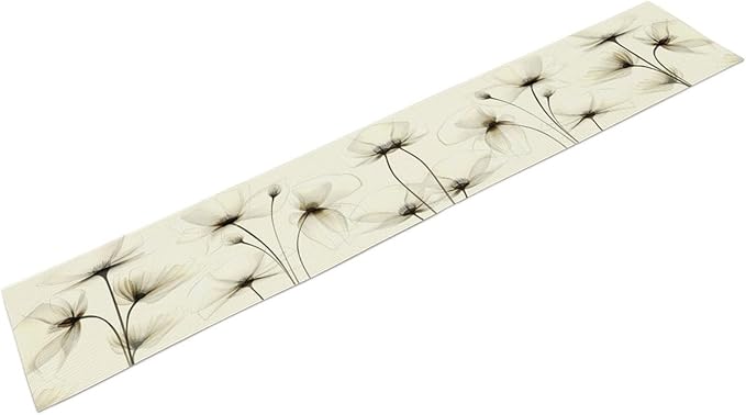 Abstract Floral Table Runner, Watercolor Transparent Beige Poppy Flowers Print - Image 8