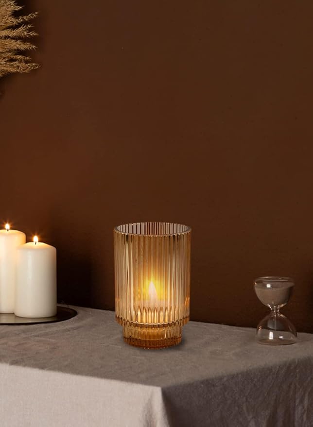 Serene Spaces Living Amber Ribbed Glass Votive Holder, Decorative Centerpiece - Image 4