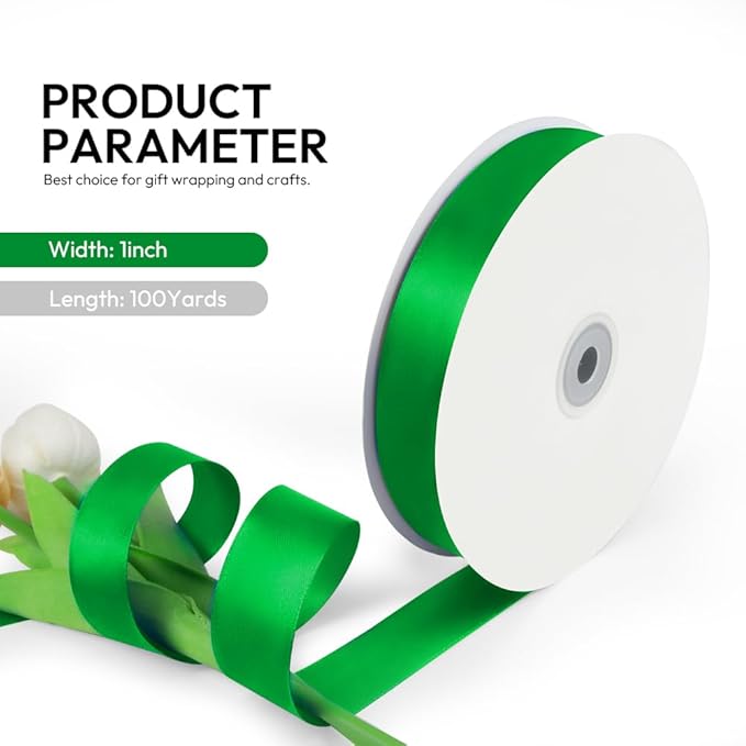 1 Inch 100 Yards Satin Ribbon Green, Solid Color Fabric Ribbon - Image 2