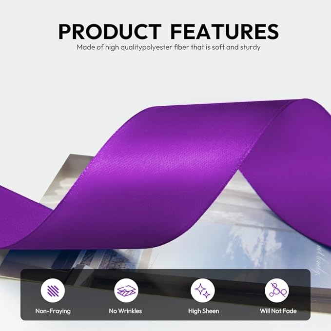 1-1/2 Inch 100 Yards Satin Ribbon Purple, Solid Color Fabric Ribbon - Image 3