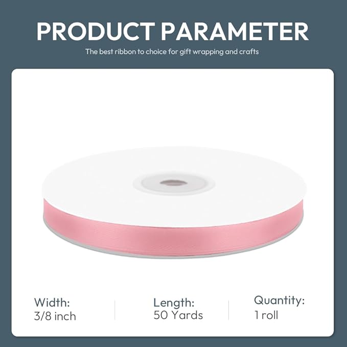 KMER LIFE 3/8" Wide x 50 Yards Pink Satin Ribbon - Image 2