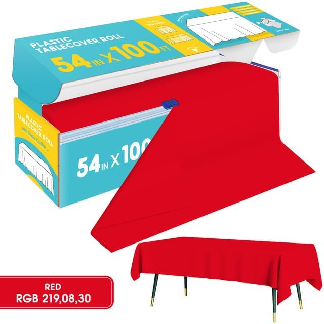 Red Plastic Table Cover Roll - 54IN x 100FT - Image 2