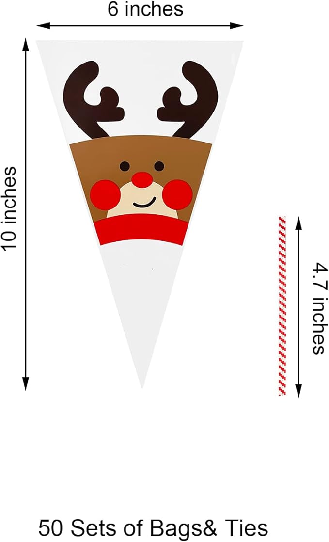 EKAPACKAGING 50Pcs 6x10 Inches Reindeer Print Cone Shaped Treat Bags - Image 2