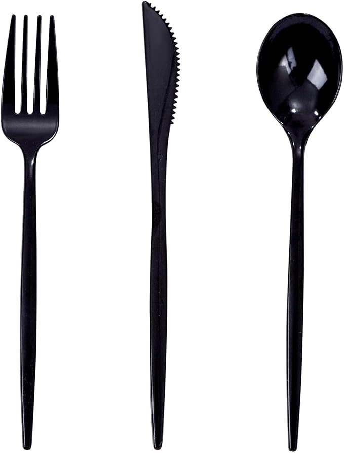PULOTE 150PCS Black Plastic Silverware Set Disposable by PULOTEpartywareWesupplyproductsandyouenjoylife