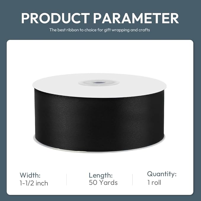 KMER LIFE 1-1/2" Wide x 50 Yards Black Single Faced Polyester Satin Ribbon - Image 2
