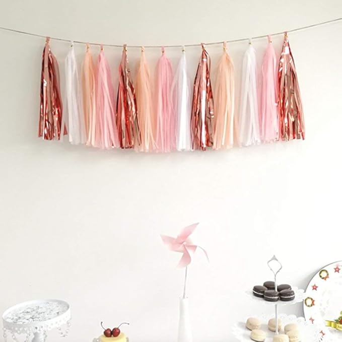 ZOOYOO Pink Shiny Tassel Garland Tissue Paper Tassel Banner, Table Decor - Image 4
