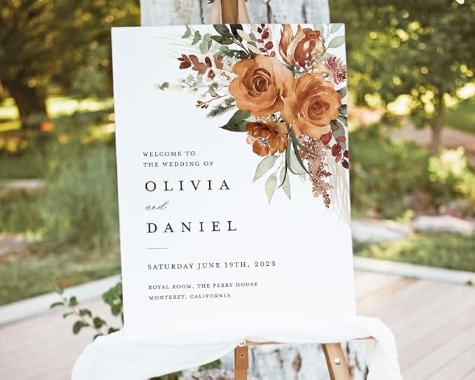 Boho Terracotta Wedding Welcome Sign Template, Floral Burnt Orange Rose - Image 2