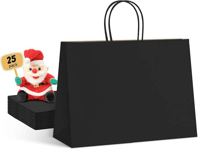 METRONIC 25 Pack Large Black Paper Gift Bags 16X6X12 Inches, Shopping Kraft by METRONIC