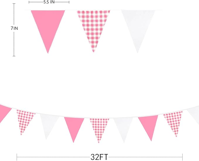 32Ft Hot Pink Plaid Checkered Pennant Banner Fabric Gingham Triangle Flag - Image 6