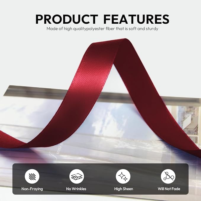 5/8 Inch 100 Yards Satin Ribbon Wine Red, Solid Color Fabric Ribbon - Image 3
