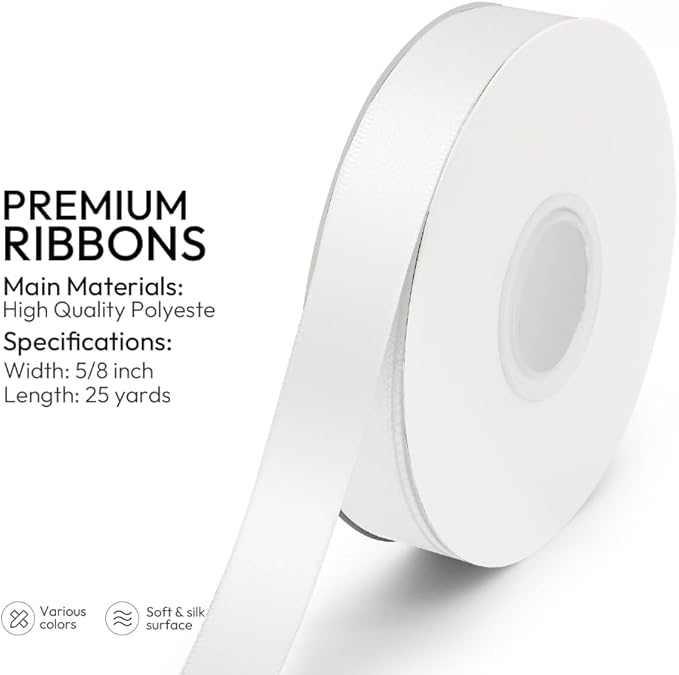 KMER LIFE 5/8 inch x 25 Yards Double Faced Polyester White Satin Ribbon - Image 2