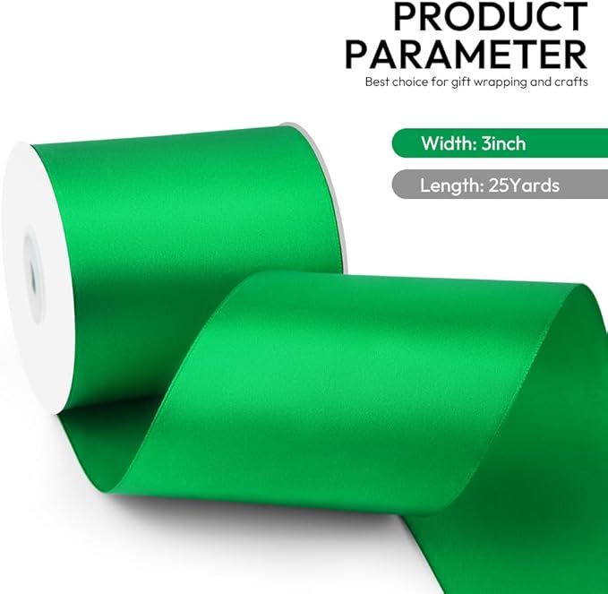3 Inch 25 Yard Wide Satin Ribbon Green, Solid Fabric Large Ribbon Roll - Image 2