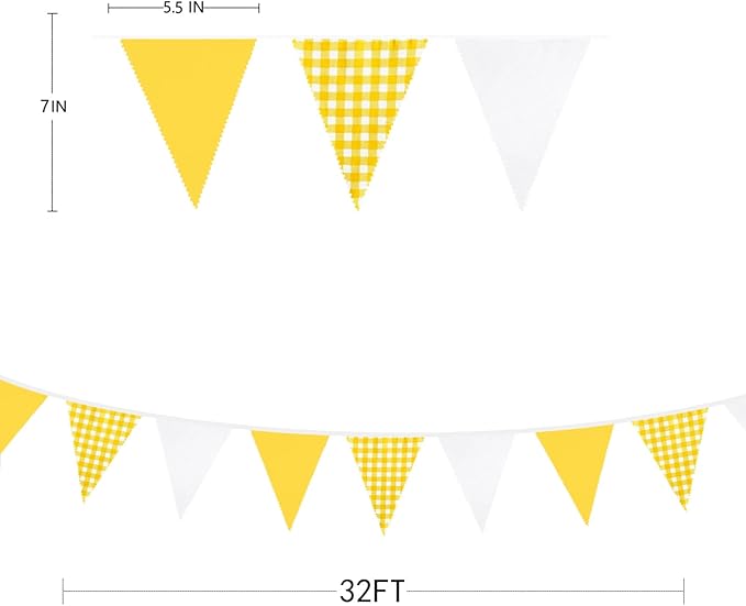 32Ft Yellow Plaid Checkered White Pennant Banner Fabric Gingham Triangle Flag - Image 6