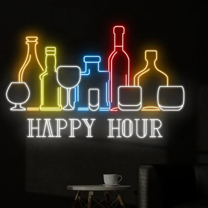 Happy Hour Wine Beer Neon Sign, Wine Bar Beer Pub Neon Sign, Custom Neon Sign by BELISAMA