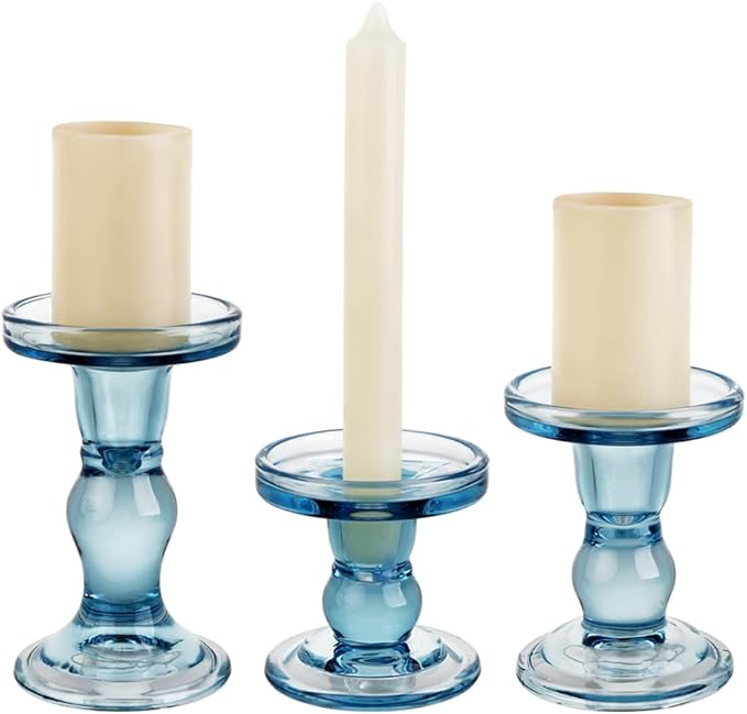 3-Piece Set of Blue Glass Candlestick, Crystal Candlestick Holder Holder and by BTGLLAS
