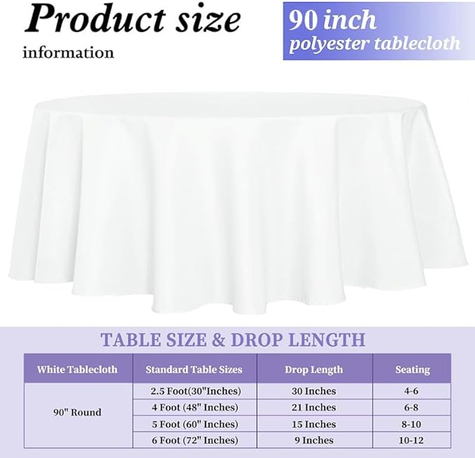 6 Pack White 90 Inch Round Tablecloths. Stain and Winkle Resistant Polyester - Image 4