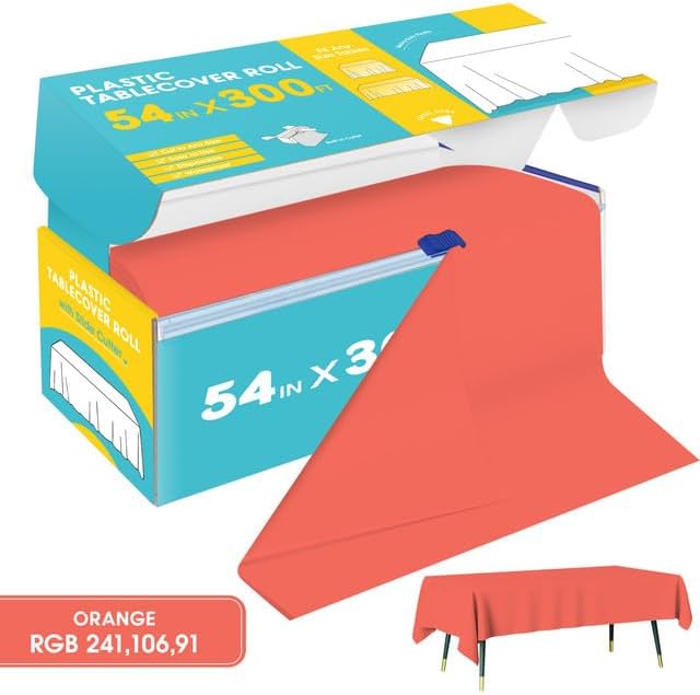 Orange Plastic Table Cover Roll - 54IN x 300FT - Image 2