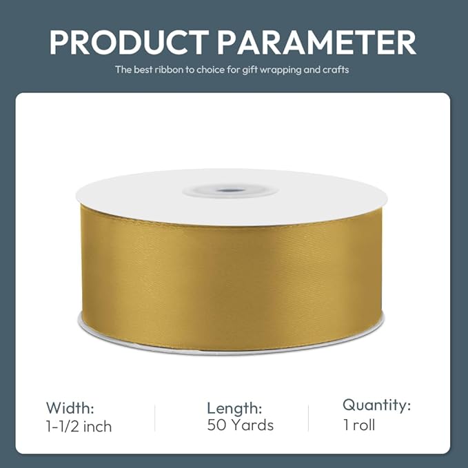 KMER LIFE 1-1/2" Wide x 50 Yards Golden Single Faced Polyester Satin Ribbon - Image 2
