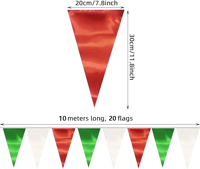 20M/65FT White Green Red Triangle Pennant Banner Flag Metallic Fabric Bunting - Image 2