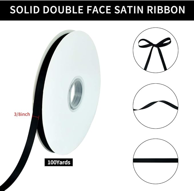 TONIFUL 3/8 Inch x 100yds Black Satin Ribbon Thin Solid Fabric Ribbons Roll - Image 2