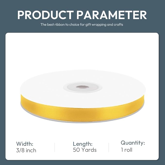 KMER LIFE 3/8" Wide x 50 Yards Yellow Single Faced Polyester Satin Ribbon - Image 2