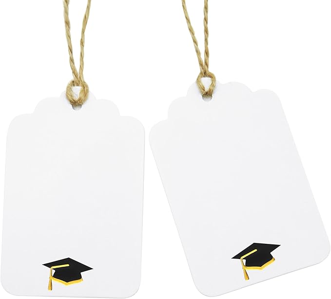 100Pcs Blank Gift Tags with String Foil Black Gold Grad Cap Large Paper Gift by ASYEHJNR
