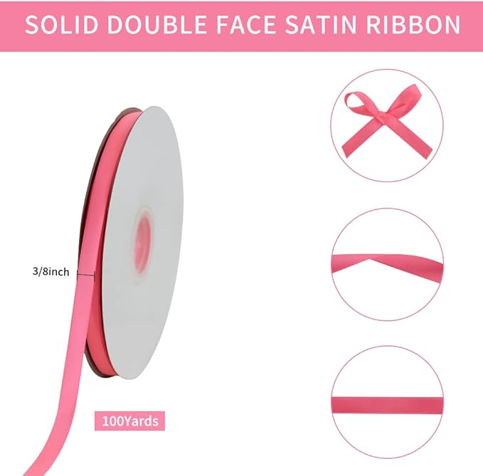 TONIFUL 3/8 in x 100yds Passion Pink Hot Pink Satin Ribbon Thin Solid Fabric - Image 2