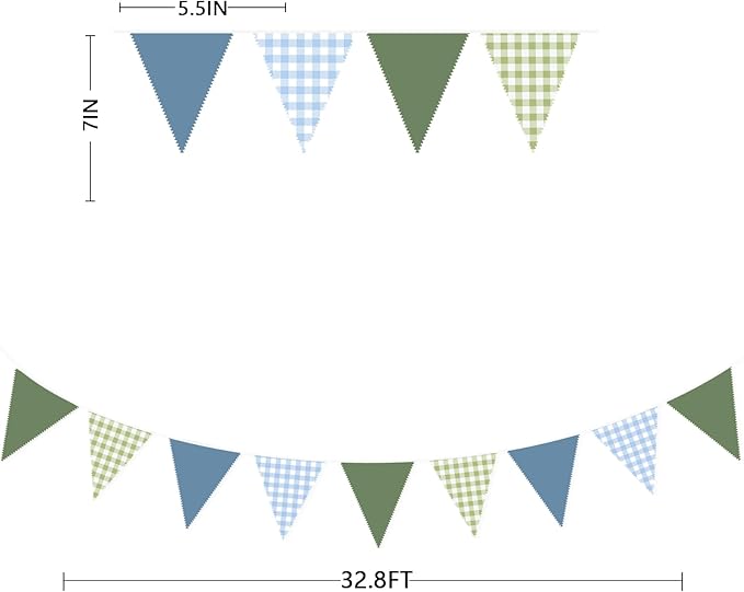 32Ft Blue Green Party Decorations Dusty Blue Sage Green Gingham Fabric Triangle - Image 3