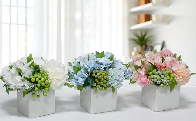 LADADA Fake Flowers in Ceramic Vase, Faux Hydrangea Flower Arrangements - Image 3