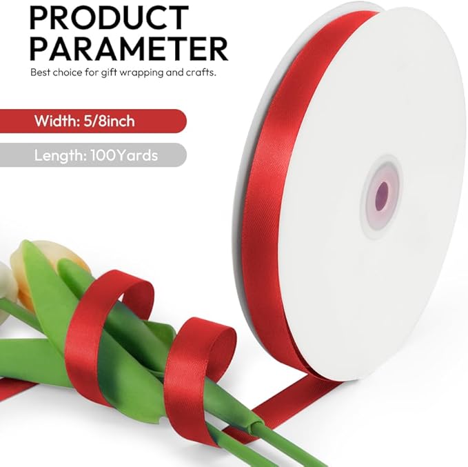 5/8 Inch 100 Yards Satin Ribbon Red, Solid Color Fabric Ribbon - Image 2